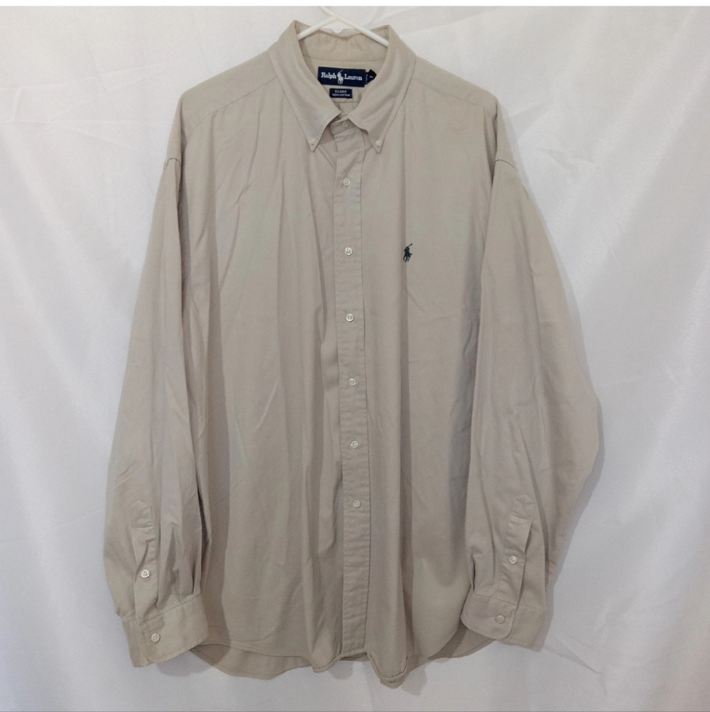 Vintage Ralph Lauren Button Up Shirt Mens XXL Khaki Blaire Pony 90s Preppy